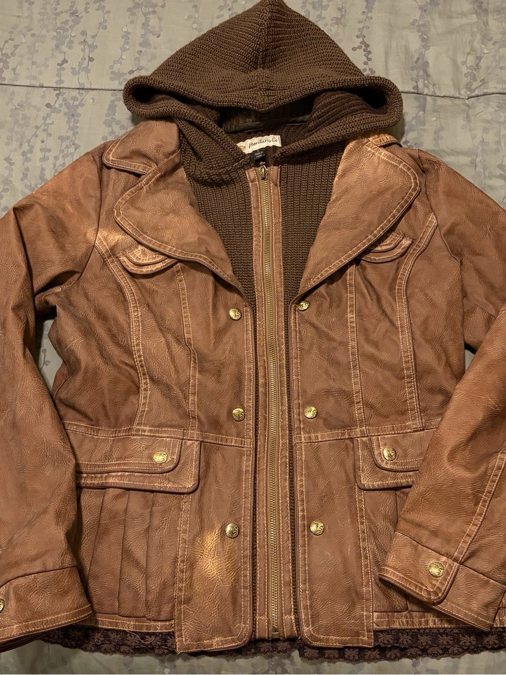 Women’s Brown Leather Jacket with Knit Hood